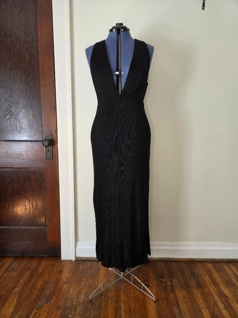 Vintage Hugo Buscati Black Sparkle V-Neck Low Back Sleeveless Evening Dress